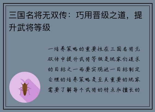 三国名将无双传：巧用晋级之道，提升武将等级